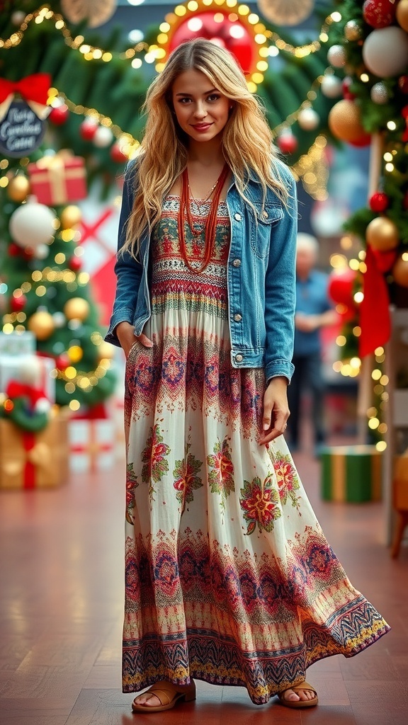Hippie-Inspired Christmas Party Outfit Ideas Hippie-inspired Christmas party outfit with a colorful maxi dress and denim jacket.